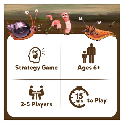 Game information card with cartoon snails and worms for Dont Crush The Critters board game