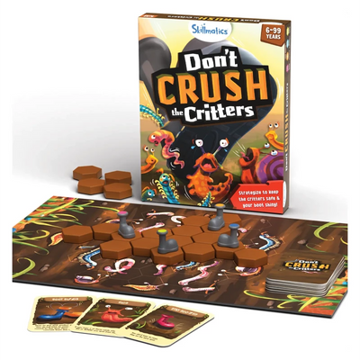Don’t Crush The Critters board game set with box, board, tokens, and cards for ages 6+