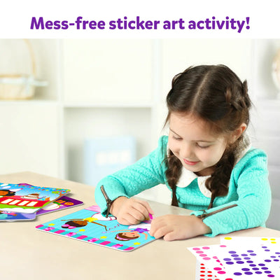 Young girl creating mess-free sticker art with Dot it Dress Up for ages 3-7
