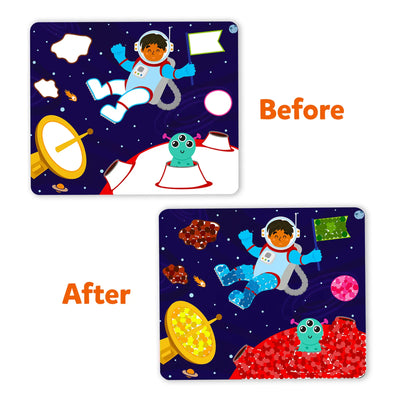 Children’s space-themed puzzle set with astronaut and alien before and after coloring