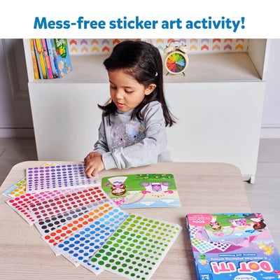 Young girl creating sticker art with colorful dot stickers and activity books for Dot it! Unicorns & Princesses
