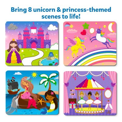 Colorful themed activity cards with princesses, unicorns, mermaids, and ballerinas for kids