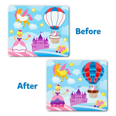 Two fantasy-themed rectangular children’s playmats with unicorns and princesses illustrations