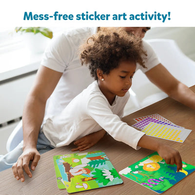 Young child and adult creating mess-free sticker art with Dot it Wild Farm Underwater Animals