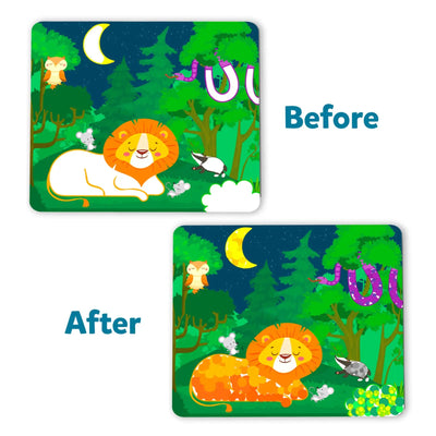 Children’s activity mat with before and after forest scene illustrations for Dot it! sticker art