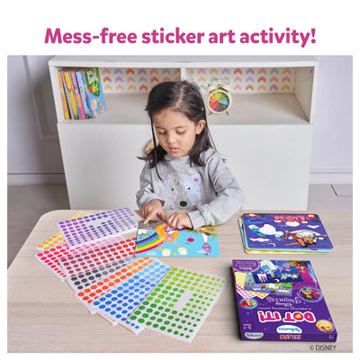 Child creating colorful sticker art with Dot it! Disney Princesses no mess activity kit