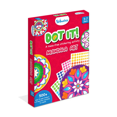 Red box with Dot It Mandala Art sticker activity kit for ages 3-7 with over 500 stickers