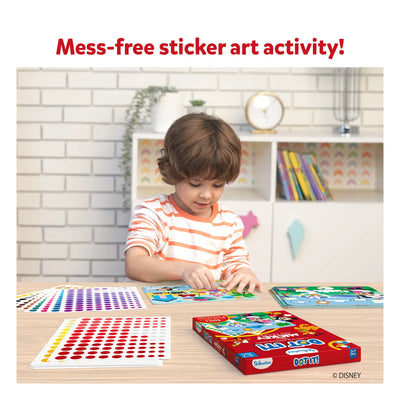 Young child creating colorful sticker art with Dot it Mickey And Friends activity board