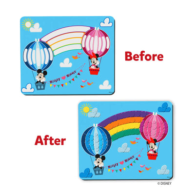 Puzzle featuring Mickey and Minnie Mouse in hot air balloons with a rainbow for kids ages 3-7