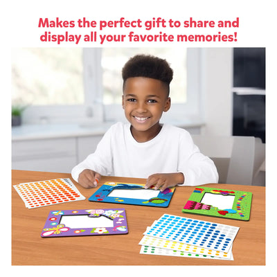 Smiling boy creating decorative picture frames with colorful stickers for Dot it! sticker art