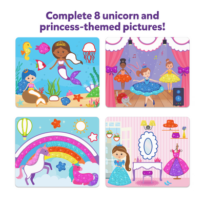 Glitter art boards featuring Mermaids Ballerinas Unicorns and Princesses for kids ages 3-7