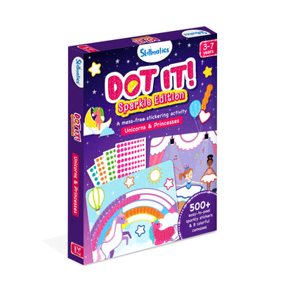 Skillmatics Dot It Sparkle Edition sticker activity kit with unicorns, princesses, and sparkly stickers