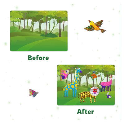 Before and after animated forest scene with mosaic-style animal stickers for Safari Craft Combo