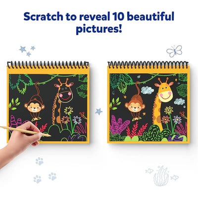Two-page jungle animal scratch art book with hand revealing colorful design for kids