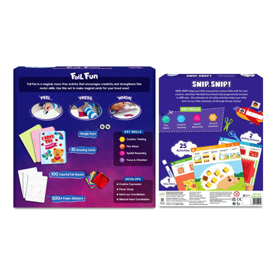 Two educational craft kits for children featuring Foil and Snip Creative Kit for ages 3 to 9