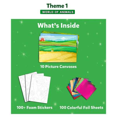 Children’s art kit for World of Animals with canvases foam stickers and foil sheets