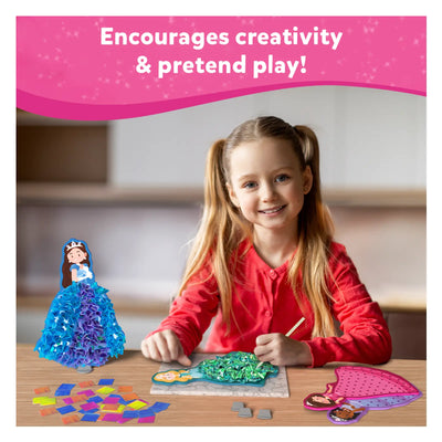 Smiling girl creating with Fairy Tale Craft Kit featuring princess doll and craft materials