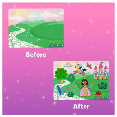 Fantasy scene showing before and after transformation in Fairy Tale Craft Kit for ages 4-9