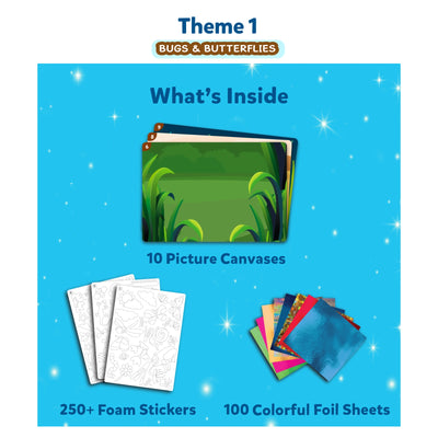 Craft kit for kids with Bugs & Butterflies theme including canvases stickers and foil sheets