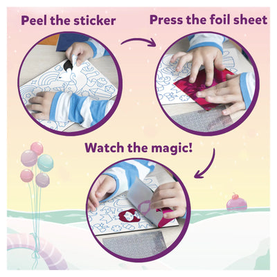 Foil art kit for children showing peeling stickers, pressing foil, and revealing designs