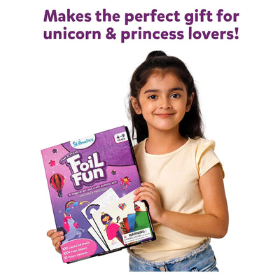 Young girl holding Foil Fun Whimsical Wonderland Art and Craft Kit for kids ages 4-9