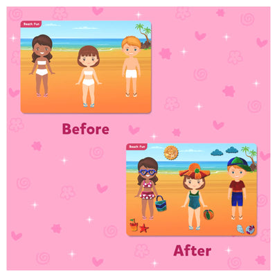 Children’s educational game showing characters before and after beach dressing in Stick & Create Magical Wonderland Bundle