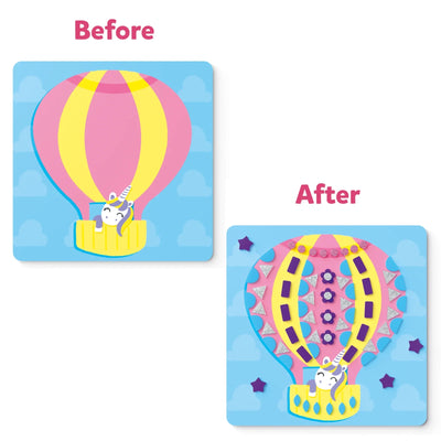 Hot air balloon unicorn craft kit before and after decoration from Stick & Create Magical Wonderland Bundle