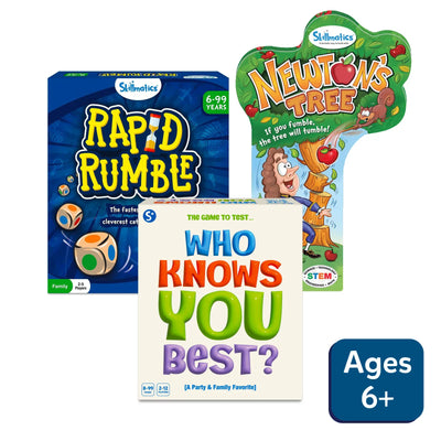 Family Game Night Bundle for ages 6+ featuring Rapid Rumble Newtons Tree and Who Knows You Best