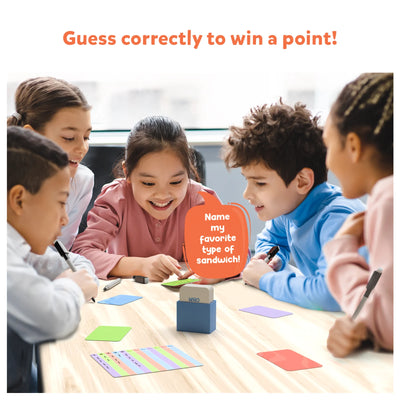 Children playing a guessing game from the Family Game Night Bundle for ages 6 and up