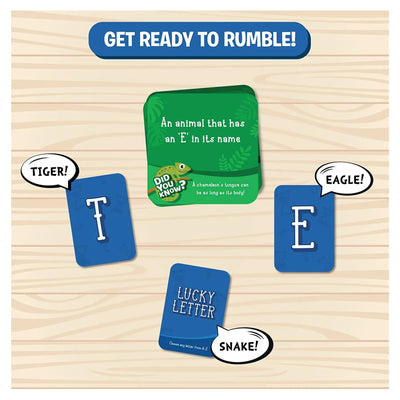 Family Game Night Bundle featuring cards with letters and animal-themed challenges for ages 6+