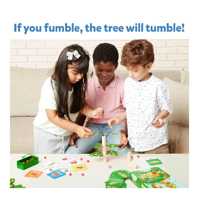 Three children playing tabletop balancing game with a wooden tree from Family Game Night Bundle