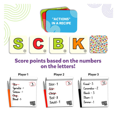 Three players enjoy First to 5 cooking action cards letter tiles and scorecards