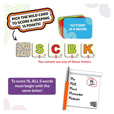 First to 5 quick category game with letter tiles category cards and scoring rules