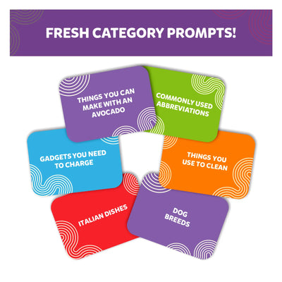 Colorful game cards with category prompts from First to 5 Quick Category Game for ages 8+