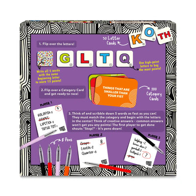 Board game box with instructions and components for First to 5 word game for ages 8+