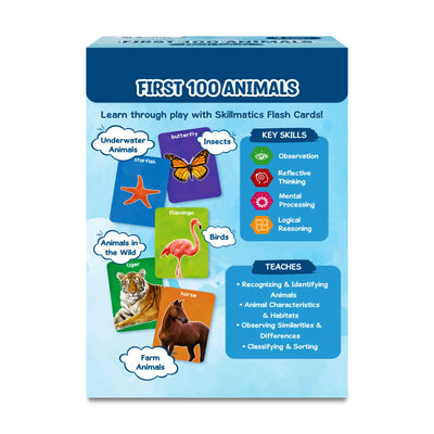 Educational toddler flashcards featuring first 100 animals for learning and key skills