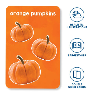 Educational flashcard with three orange pumpkins, large fonts, realistic illustrations, double-sided design for Infant Essentials Combo ages 1-4