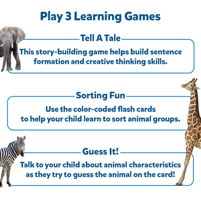 Graphic showing three educational animal games from Flash Cards for Toddlers First 100 Animals