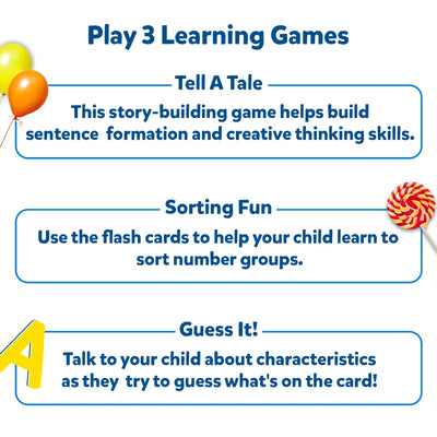 Image showing three learning games from Flash Cards for Toddlers Letters Numbers Shapes Colors