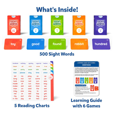 Set of 500 Sight Word Flashcards with Reading Charts and Learning Guide for Kids