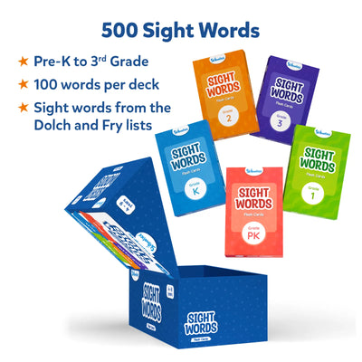 Colorful sight word flashcard decks for Pre-K to 3rd grade in a blue storage box