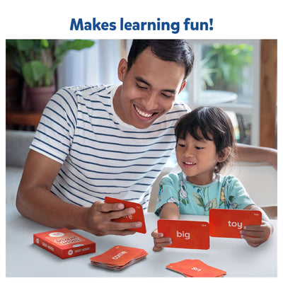 Father and child learning with Flash Cards Sight Words for ages 4-9, smiling and engaged