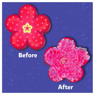 Red flower-shaped crafts with polka dots and ruffled pink fabric for kids’ art project