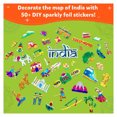 DIY sparkly foil stickers decorating a map of India from Foil Fun Incredible India art kit