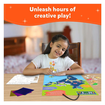 Young girl creating art with a map-themed puzzle from Foil Fun Incredible India Art Kit