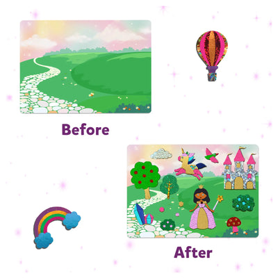 Before and after fantasy landscape transformation with princess, unicorn, castle, and magical elements in Foil Fun Unicorns & Princesses art kit