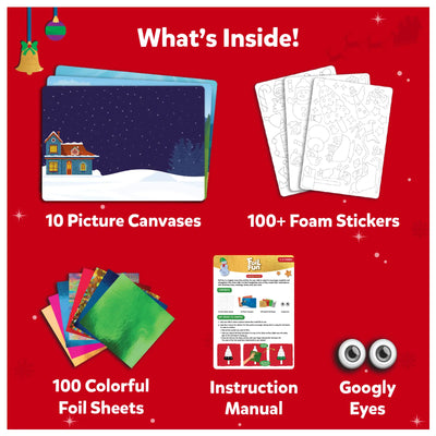 Kids Christmas craft kit with canvases foam stickers foil sheets instruction manual and googly eyes
