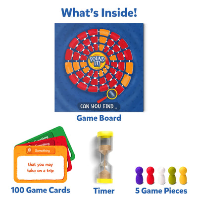 Found It Board Game components including game board cards timer and game pieces