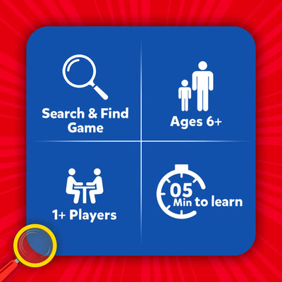 Blue Found It Board Game card with search and find details for ages 6+ and 1+ players