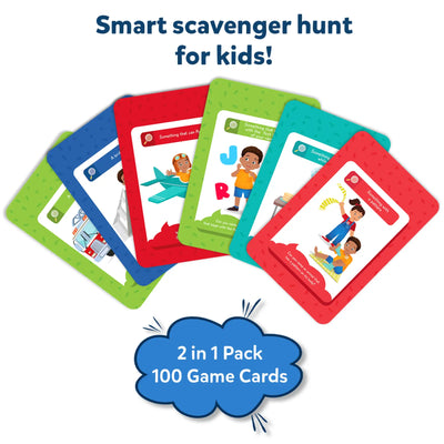 Colorful game cards for kids’ scavenger hunt in Found It! Combo Indoor Travel set